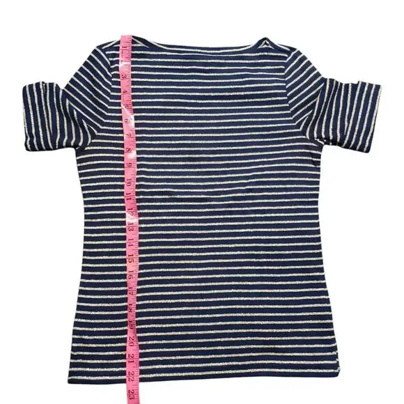 Ralph Lauren Short Sleeve Tee Women's Petite Small Black Gold Striped Knit Top - Picture 9 of 9